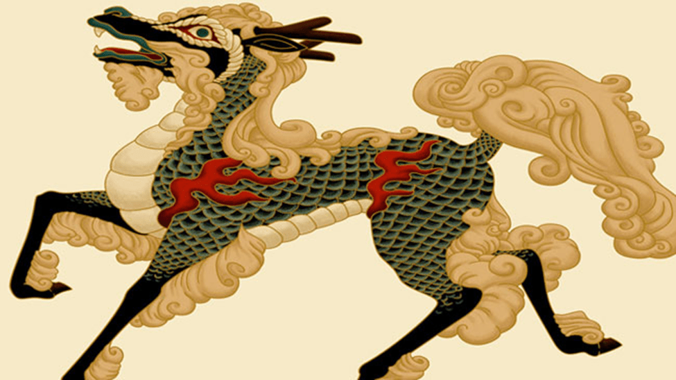 Chinese depictions of kirins; notice the red strokes of paint around the chest and tail, meant to represent energy