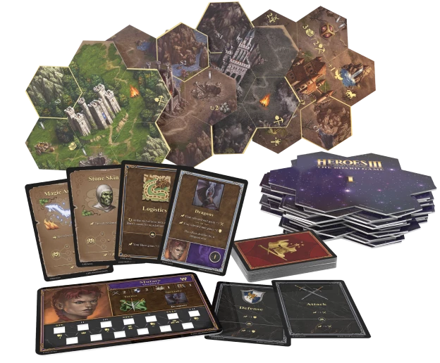 Heroes of Might and Magic III: The Board Game You start the game knowing only what's around your Town. Locations and adventures that await beyond are covered in the fog of war. You will add more hexagonal tiles representing the adventure map during your Hero's journey.