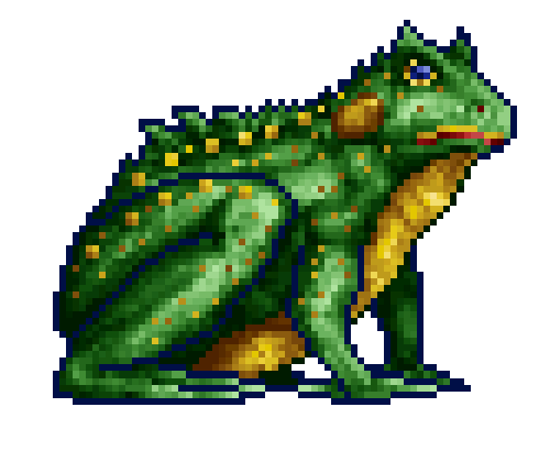 This toad creature concept is made by Tracy Iwata. The toad was really planned as a 2nd level for the Wizard castle lineup instead of the Boar. According to Acid Dragon, the administrator of the polish Acid Cave community, the toad was saved from an old Tracy's website which is now inaccessible.
